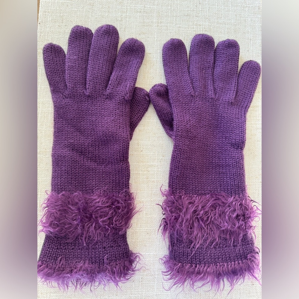 Wool Gloves EUC Nine West Crochet Knit Fur Trim Purple